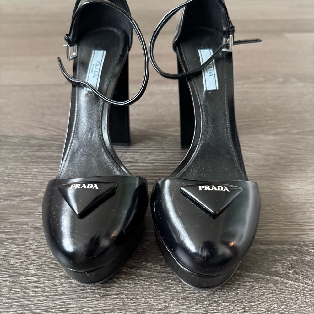 Prada Black Leather Platform Pumps with Ankle Strap